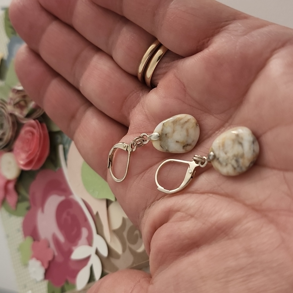 VINTAGE Sterling Silver Raw Stone Earrings Copper Dainty Artisan Marble Boho - Picture 10 of 12